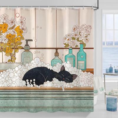 Peaceful Cat Shower Curtain Set Sleeping Feline Art Waterproof Bathroom Shower Curtain Serene Window Scene Print Cozy Home Decor