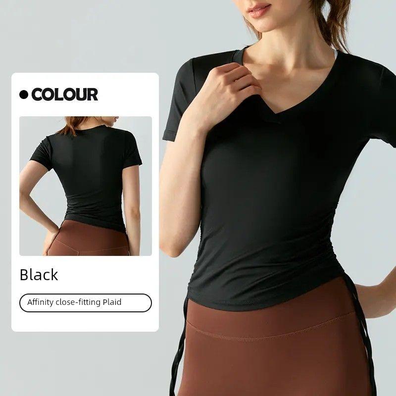 

Дышащая Быстросохнущая Женская Спортивная Футболка с V-образным вырезом и коротким рукавом для йоги, облегающая, для бега, на кулиске, с оборками, для тренировок Black M