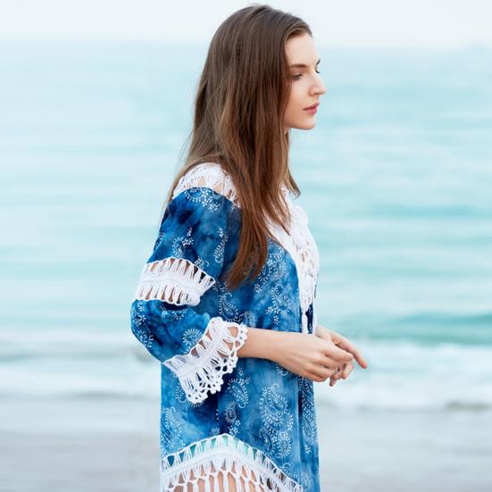 Rochie de plajă de vară Decupată Decolteu în V Franjuri lungi Potrivire de culori Mâneci trei sferturi Protecție solară Respirabilă Pulover Costum de baie Cover-up Îmbrăcăminte pentru femei