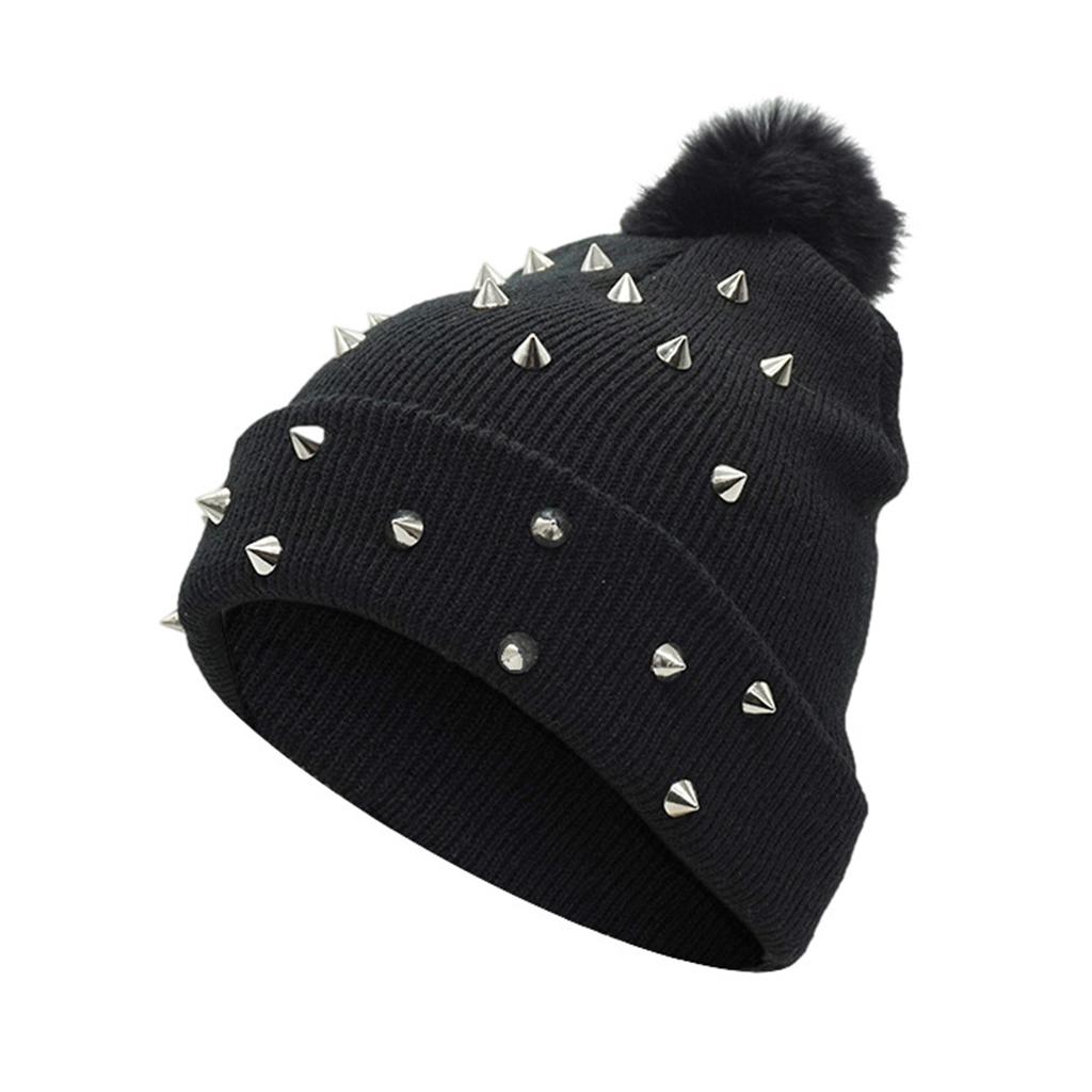 Black Soft Punk Knitted Beanie Warm Hat Winter 18x35cm for Women and Girls