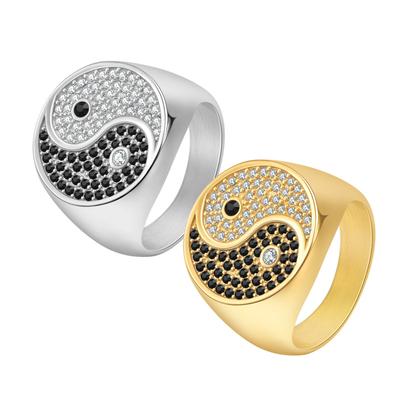 HIP Hop Bling Iced Out Goldfarbe Massiver Edelstahl Yin Yang Tai Ji Taichi Runde Fingerringe für Männer Rapper Schmuck