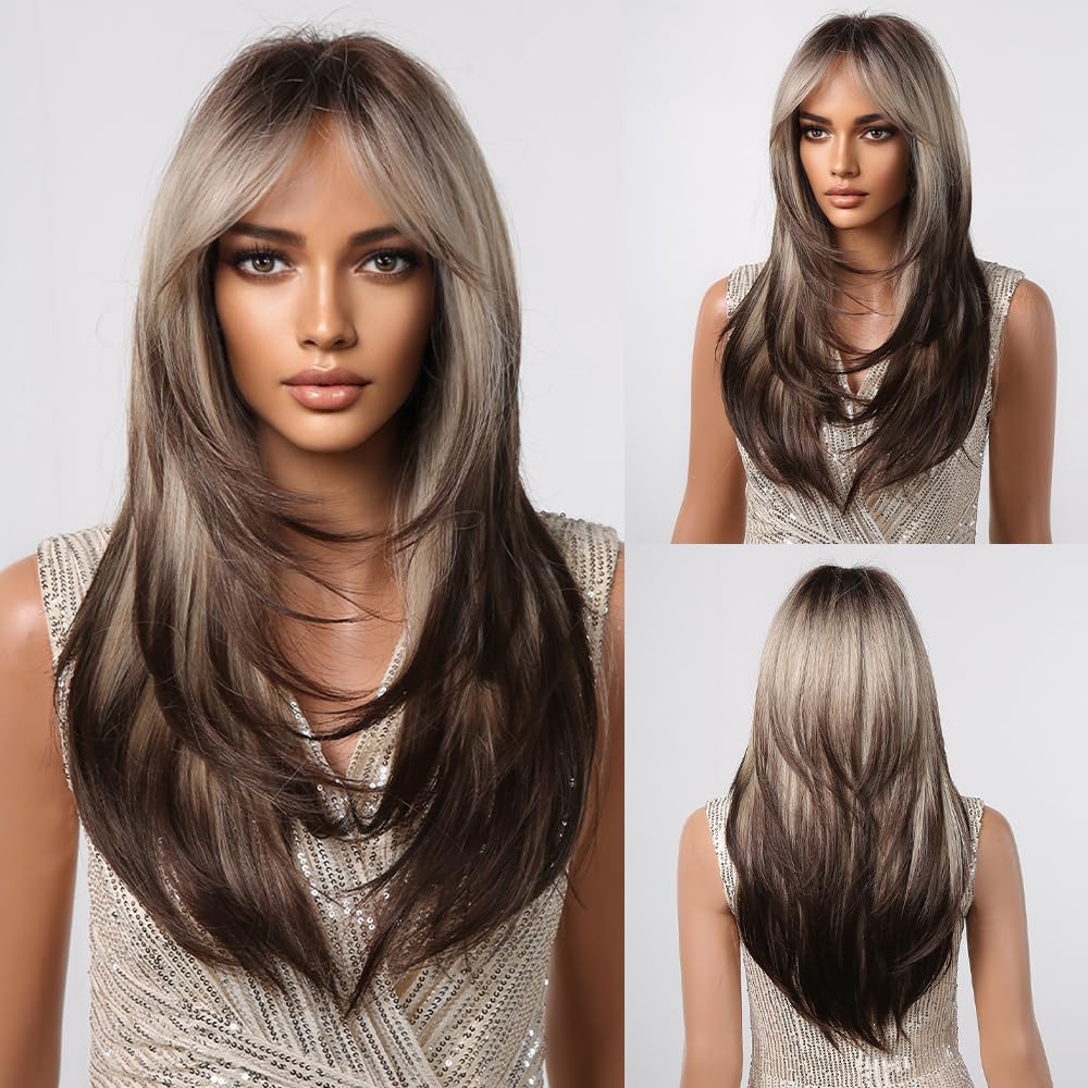 Perucas longas retas marrom escuro com franja loira perucas sintéticas naturais para mulheres menina cabelo resistente ao calor para uso diário cosplay