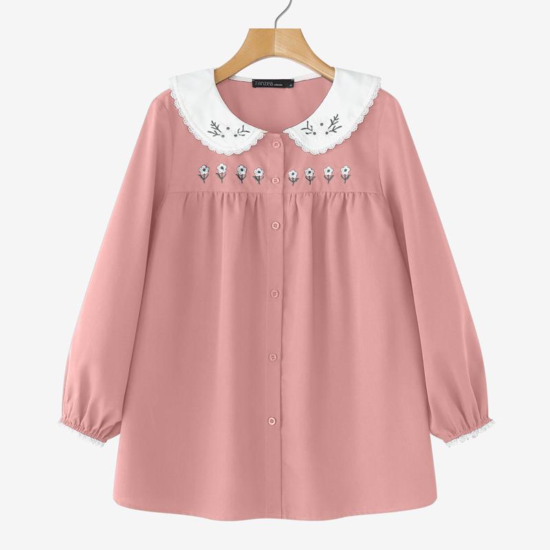 

ZANZEA Women Splice Doll Collar Loose Casual Long Sleeve Blouse 5XL