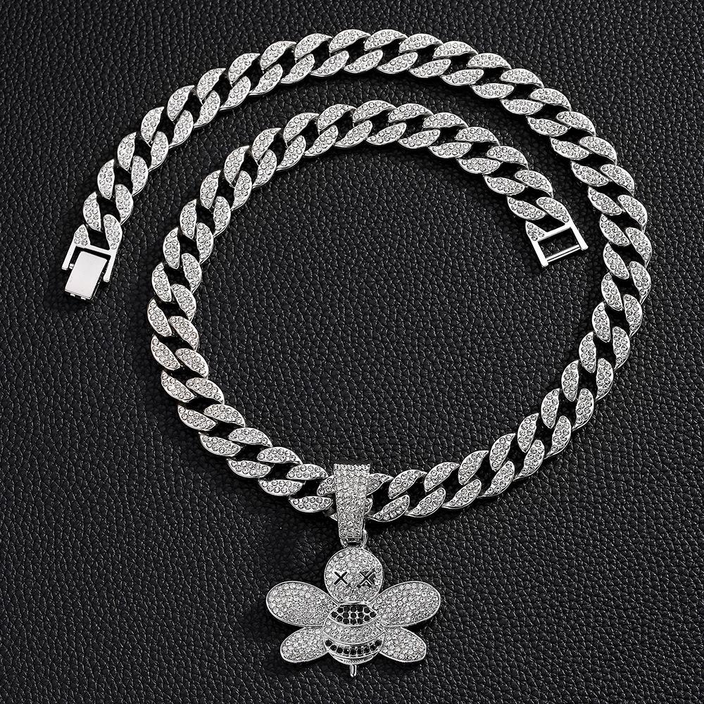 New Popular Hip-hop Full Diamond Little Bee Alloy Pendant, Hip-hop Cuban Chain Necklace, Fashionable Men's Necklace