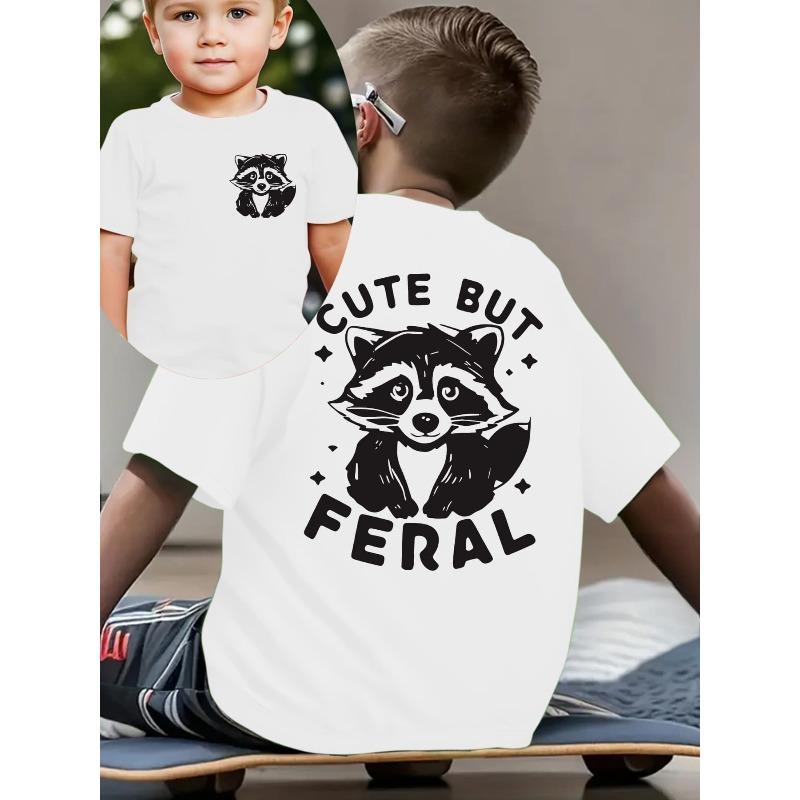 

European Size Boys Short Sleeved T Shirt with Raccoon Cartoon Pattern and Double Sided Printing 98cm белый