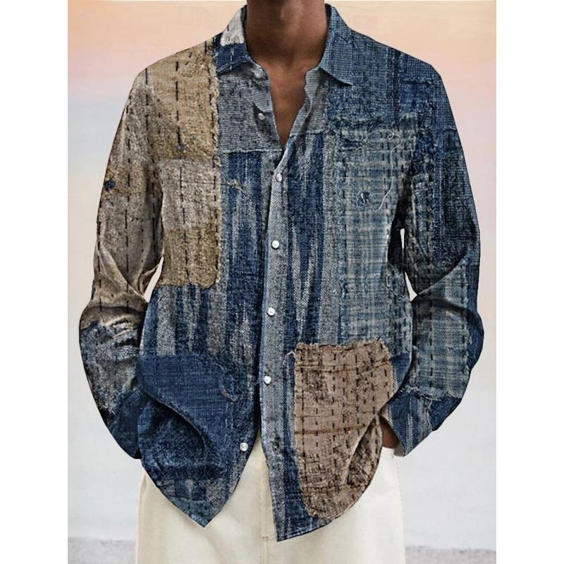 Herren Geometrisches Color Block Hemd Button-Up Hemd Langarm Mode Lässig Urlaub Umlegekragen 3D-Druck Polyesterhemden