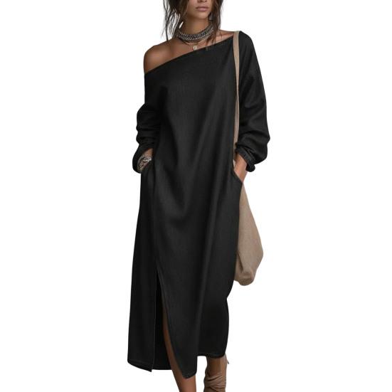 Women's One Shoulder Long Sleeve Maxi Dress, Casual Cotton Linen Long Tunic Dress, Side Slit Summer Loose Dress with Pockets
