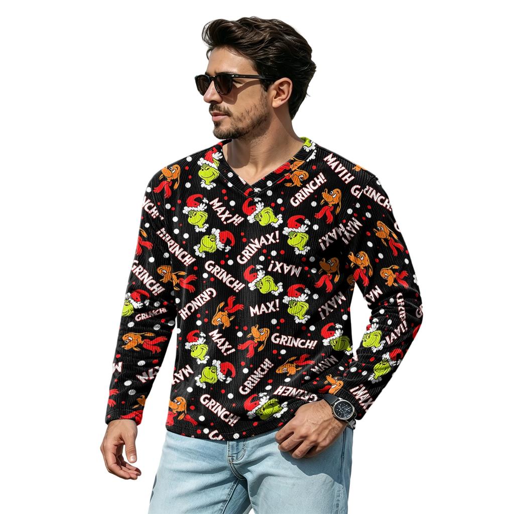 Men's Loose Fit V-Neck Christmas Print Street Casual Top