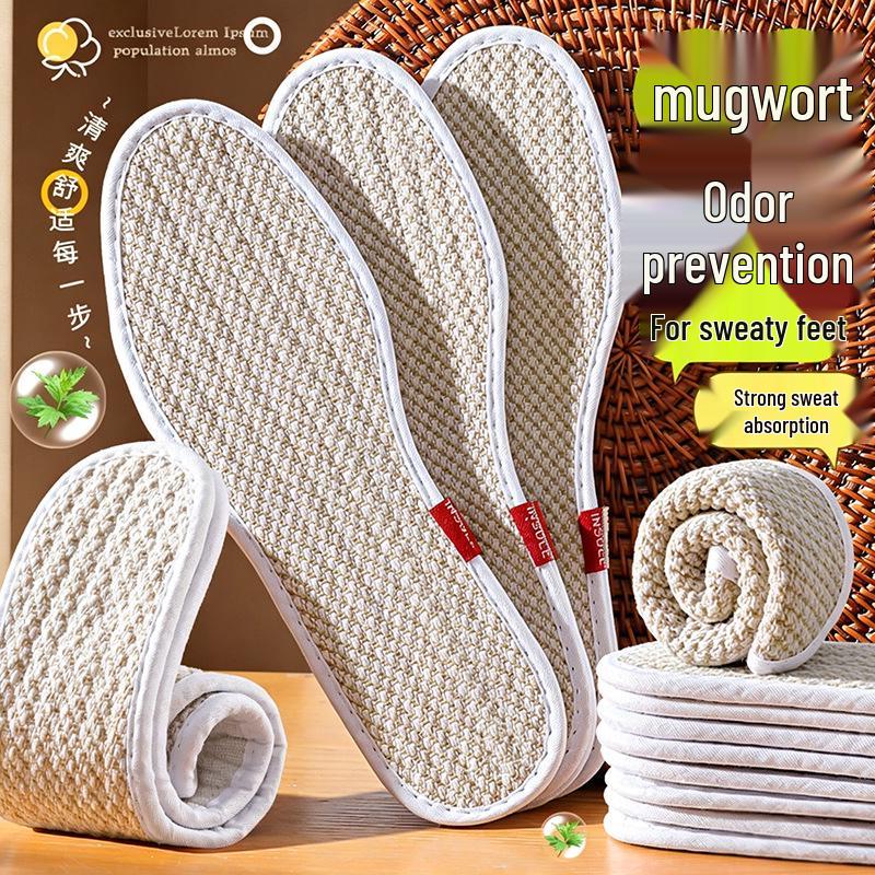 Breathable Sweat-Absorbent Linen Insoles for Men with Odor Resistance and Mugwort Deodorizing, Soft and Comfortable for All Seasons