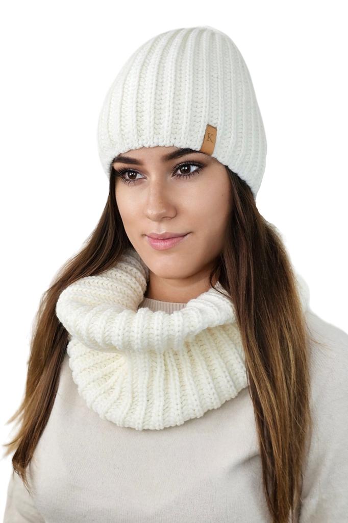 Chicory Winter Set Hat with Snood In Thick Stripes, Ecru Color