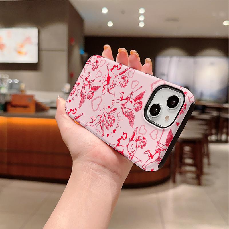 Light Pink Red Cupid Angel Heart Line Print Soft Silicone Shockproof Phone Case Romantic Valentine Gift For iPhone 17 16 15 14 13 12 11 Pro Max Mini