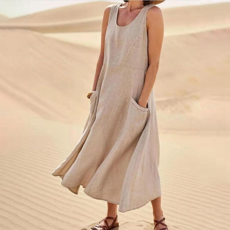 Cotton Linen Blend Summer Sleeveless Pocket Dress European American Style 19 Colors