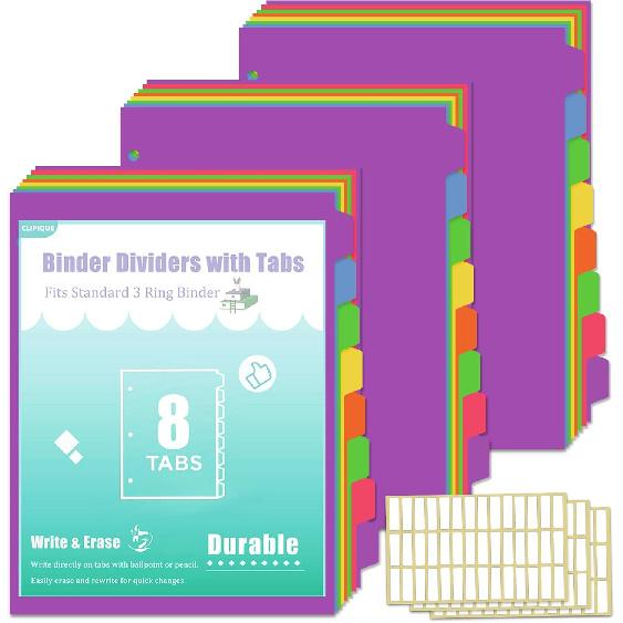 3 Ring Binder Dividers with Tabs - 8-Tab Colorful Plastic Page Dividers for Letter Size (8.5x11), izable Index Tabs, 3 Sets | Reble Rainbow Binder