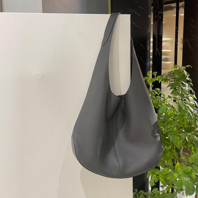 Genuine Cowhide Lychee Pattern Underarm Shoulder Bag Lightweight Travel Tote Handbag for Women