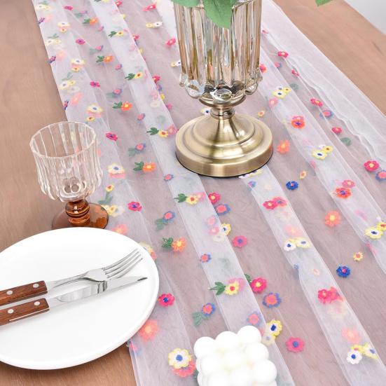 Embroidered Flower Table Runner Sheer Mesh Gauze Tablecloth for Spring Summer Delicate Floral Lace Table Decor for Wedding Party Dining Table