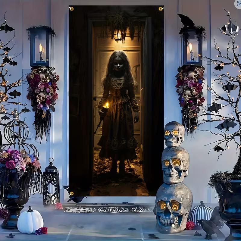 

2D Halloween Haunted Girl Door Banner, Scary Spooky Party Decor 47.2x31.5inch/120*80cm