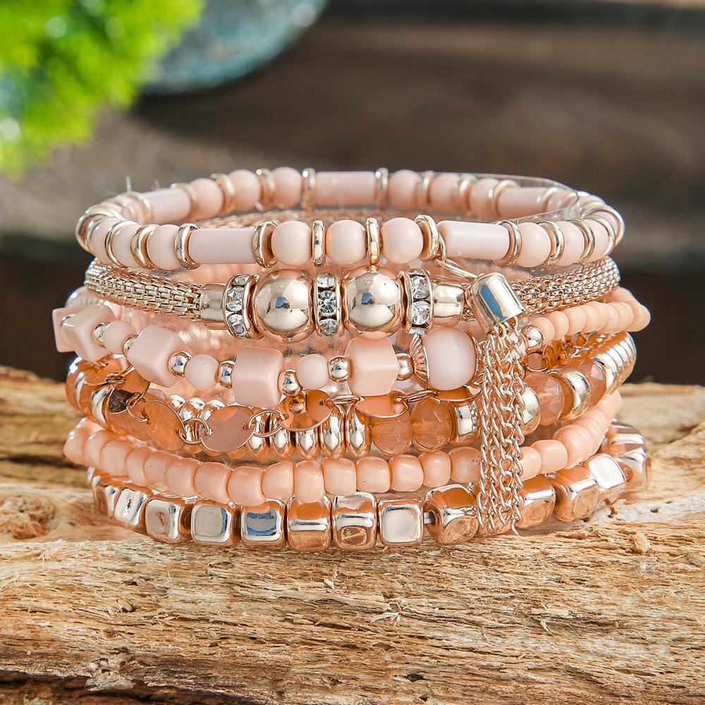Bohemian Multi Layer Stackable Bracelet Fresh Sweet Style Handmade Beaded Pink Metal Chain Bracelet Jewelry For Women