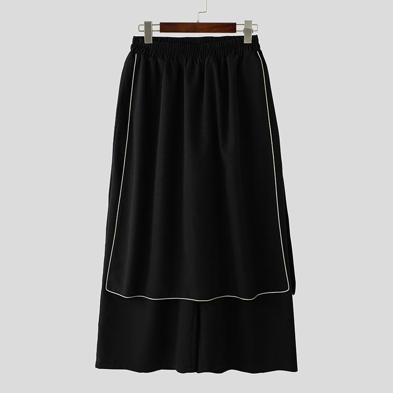 INCERUN Retro Men Elastic Waist Stitching Irregular Layers Casual Long Pants Trousers M чёрный