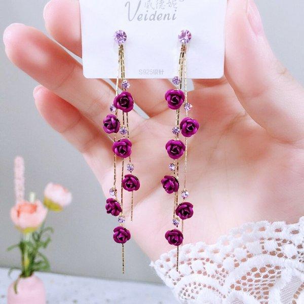 Luxury Crystal Long Tassel Ear Thread Green Shiny Zircon Flower Drop Earrings for Women Wedding Jewelry Gift