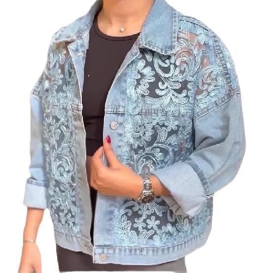 Giacca di jeans da donna con pizzo patchwork, taglio ampio, casual, con revers, manica lunga, monopetto, corta, moda streetwear, capospalla
