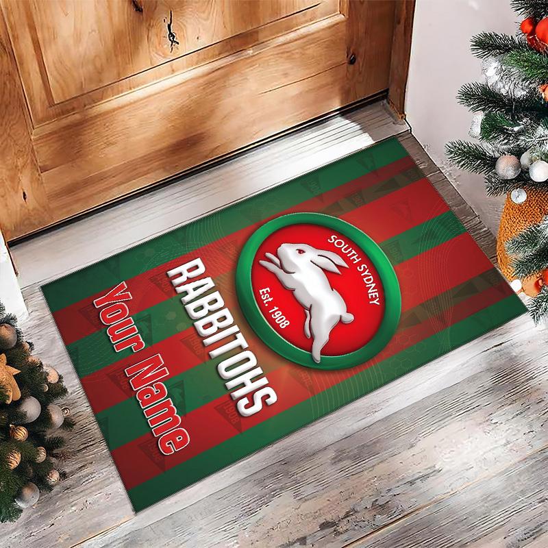 South Sydney Rabbitohs Crystal Velvet Rug, Custom Name Text Personalized Non‑Slip Floor Mat for Home Decor Gift