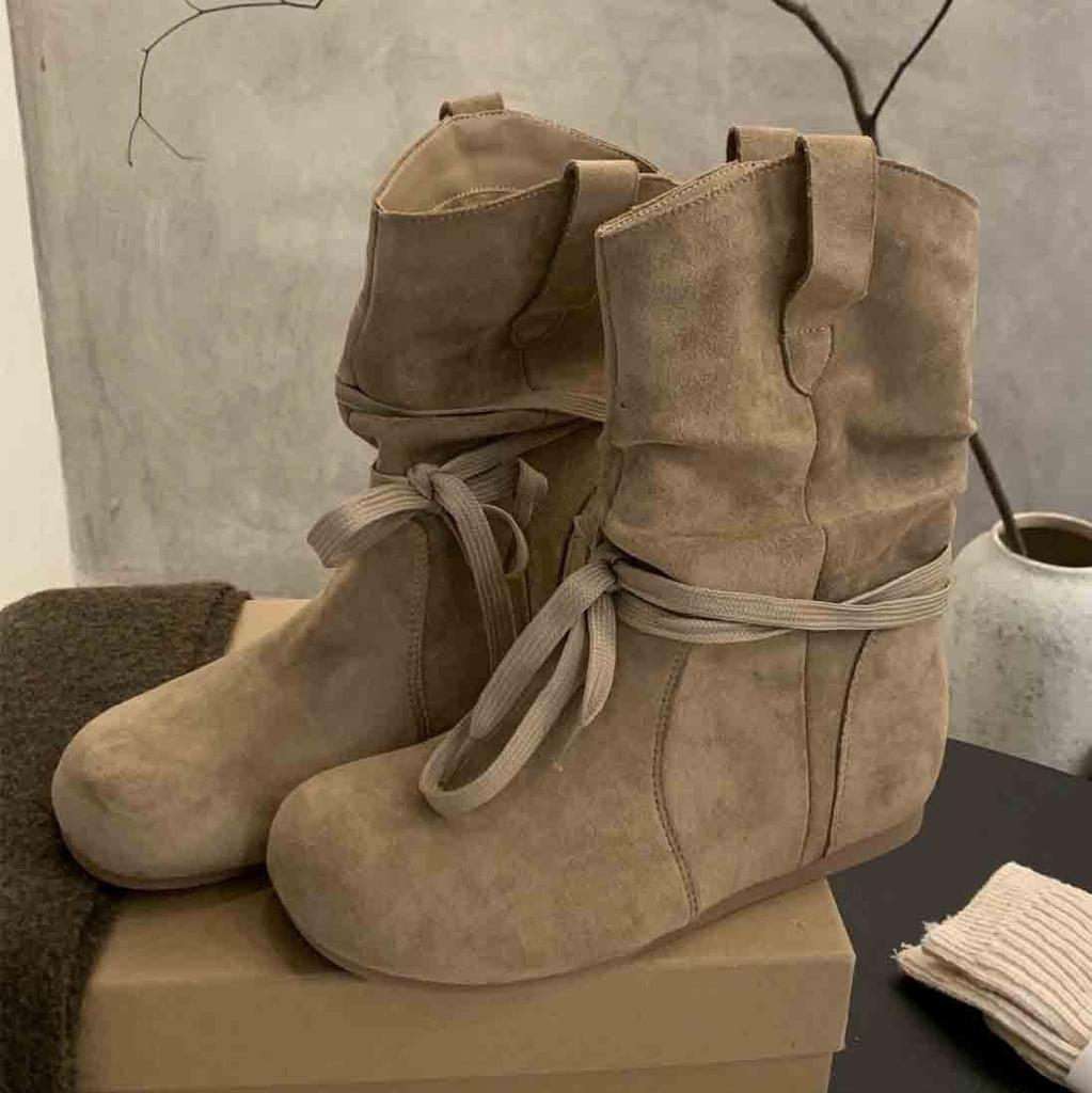 Retro Height Increasing Short Boots for Women Autumn Winter 2025 Round Toe Lace Up Thick Soled Modern Boots Western Cowboy Botas