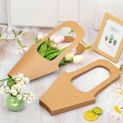 10 Piezas Bolsas de Embalaje para Decoración de Ramo de Flores de Papel Kraft con Asas, Bolsas Sencillas de Papel Kraft Marrón para Ramo de Flores de Boda