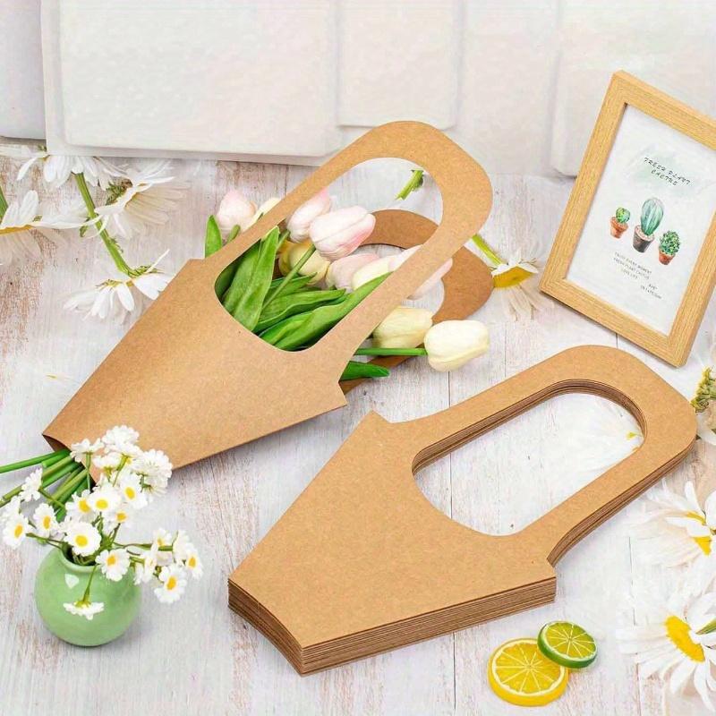 10 Piezas Bolsas de Embalaje para Decoración de Ramo de Flores de Papel Kraft con Asas, Bolsas Sencillas de Papel Kraft Marrón para Ramo de Flores de Boda