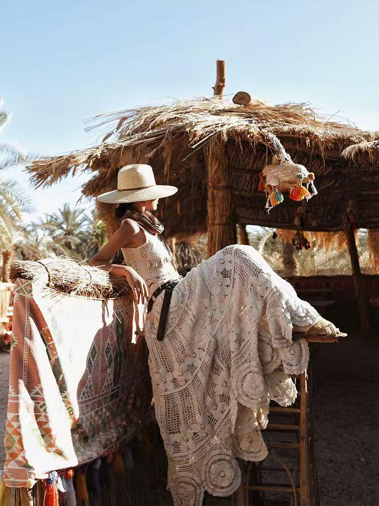 Elastic Waist Crochet A-Line Skirt - Korean Style, Mid-Length, Embroidered, Wide Hem, Slimming Design