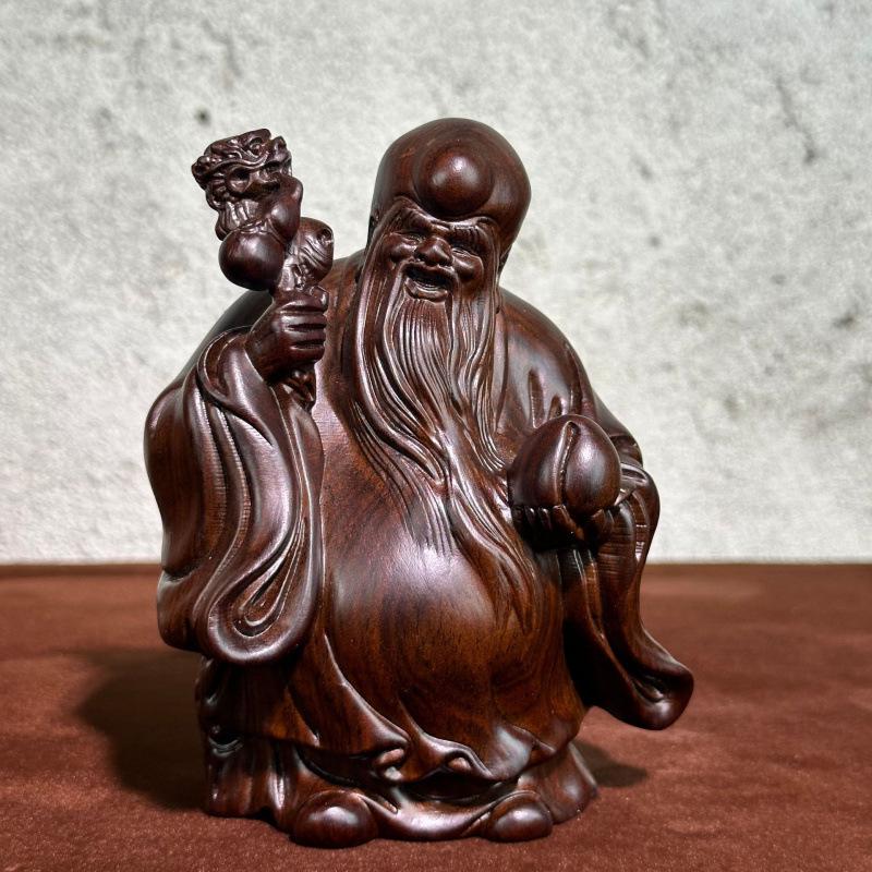 Karin Wood Carving Fulu Shou Ornament - Solid Wood Decor for Longevity Wishes and Birthday Gifts