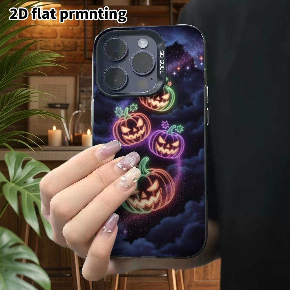 Phone Case: 2D Flat Design, Suitable for iPhone 18 17 16 15 14 13Pro In Color Silver Protective Case, Couple Style, Neon Line Pumpkin, Christmas and H