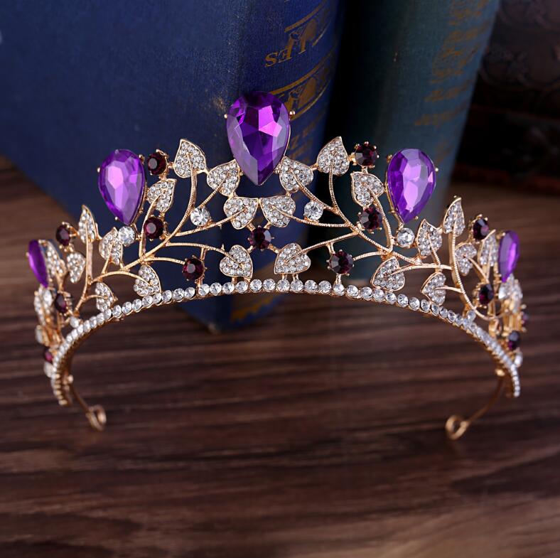 New Arrival Magnificent Blue Red Rhinestone Bridal Crown Tiaras Fashion Golden Diadem for Women Wedding Hair Accessories Jewelry
