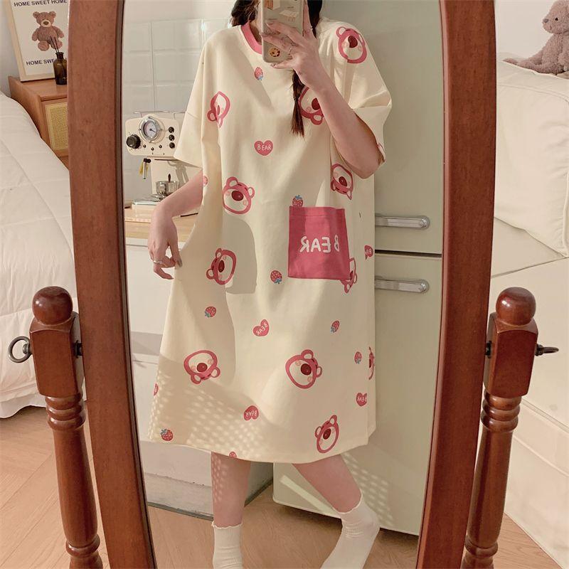 Pajamas Women's Summer Thin Pajamas Short Sleeves Large Size Fat Mm Medium and Long Pajamas Pajamas Loungewear