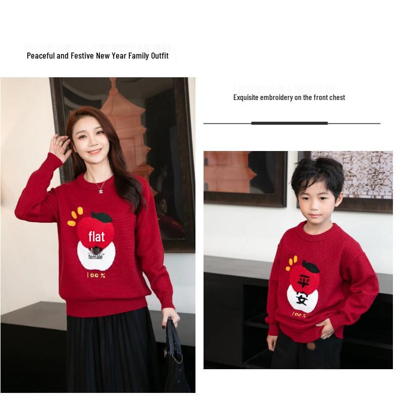 Red Family Sweater Set: Festive Year of the Horse Round Neck Jumper for Parents and Kids