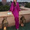 Women's Solid Deep V-Neck Batwing Sleeve Loose Slit Pleated Dress, Sexy Casual European American Style Fall Dress