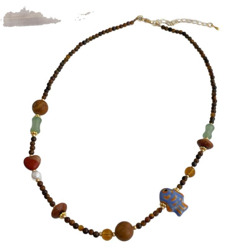 Vintage Ethnic Vibrant Natural Stone Tiger Eye Asymmetric Beads Fish Beaded Necklace For Women Gold Plated Chain Strand Chokers