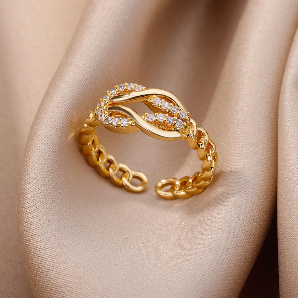 18K Goldplattierter offener Ring mit Zirkonia-Blattdesign - Luxuriös, Anlaufgeschützt, Ideal für Frauen