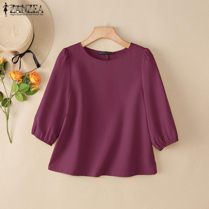 ZANZEA Women Casual Round Neck Loose 3/4 Sleeve Solid Blouse