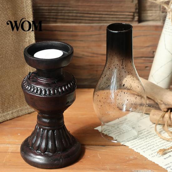 Old-fashioned Candle Lamp Miniature Kerosene Resin Holder, Retro Oil Figurine with Smoked Model Glass Shade & Carved Base, Tabletop Decor for