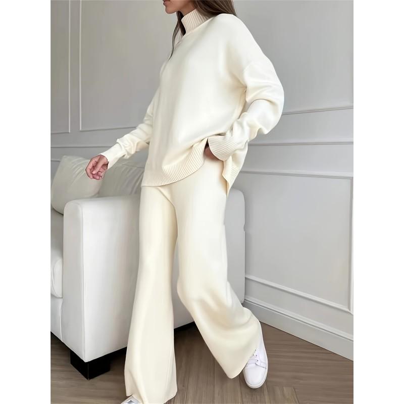 Womens Solid Color High Neck Knit Set Casual Loose Fit Wide Leg Pants Two Piece Outfit Winter