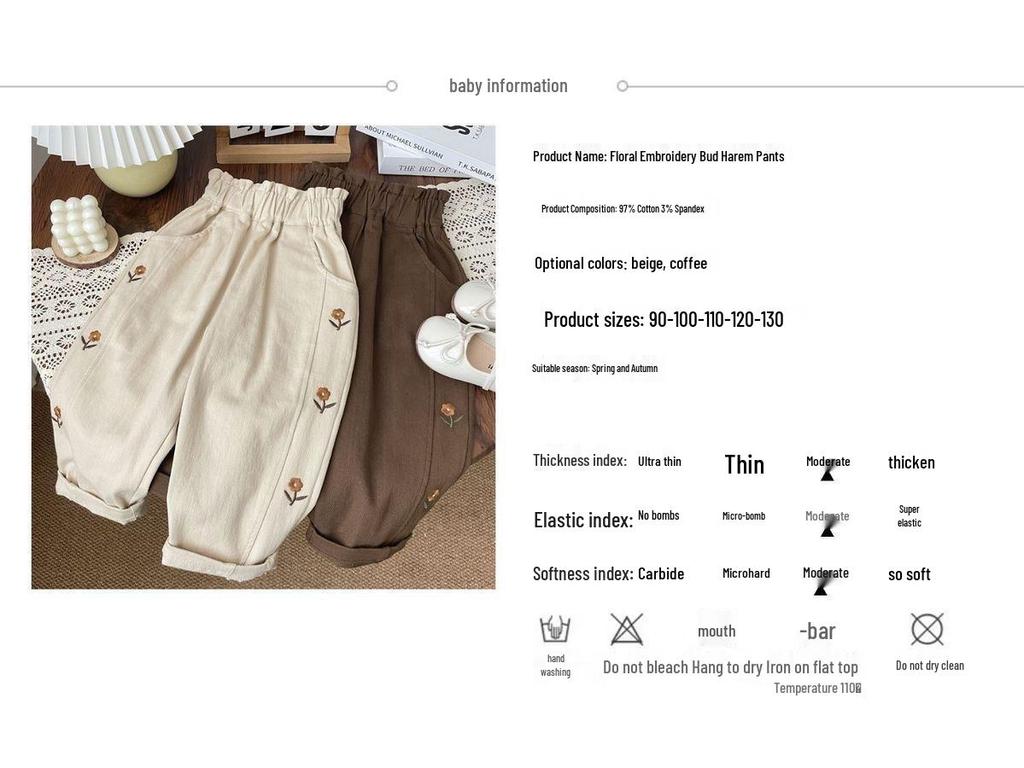 Kinder hochtaillierte bestickte Blumenhose für Mädchen - Herbststil