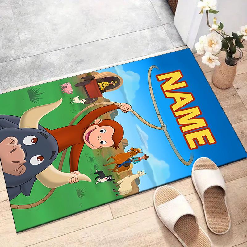 Custom Curious George Mat Personalized Name, Polyester Washable Indoor Entryway Rug, Gift for Christmas, Easter, Thanksgiving Day