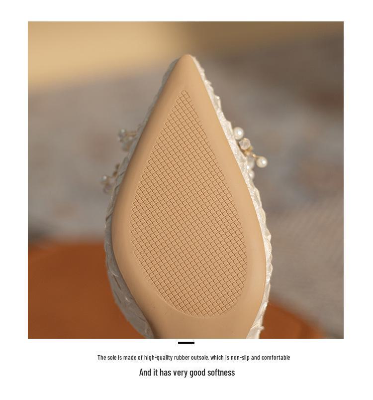 New Bow Hollow High Heels with Pearl Chain - Women's Versatile Pointed Princess Shoes for Spring and Autumn