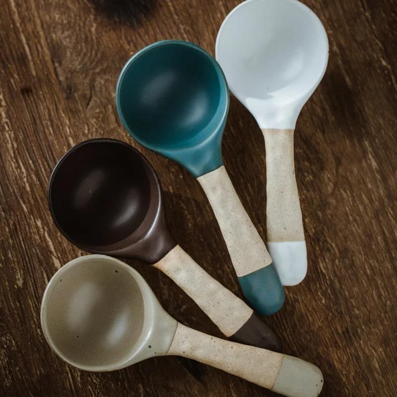 Japanese Creative Handmade Stoneware Large Soup Spoon Simple Household Tableware Ceramic Big Rice Spoons Home Kitchen Supplies