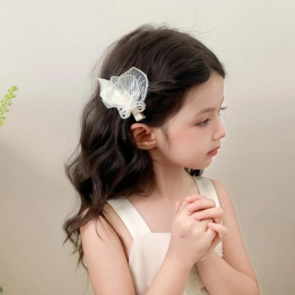 Fairy White Pink Mesh Flower Hair Clip for Kid Princess Side Bangs Stray Hair Pin for Toddler Girl Birthday Performance Headwear