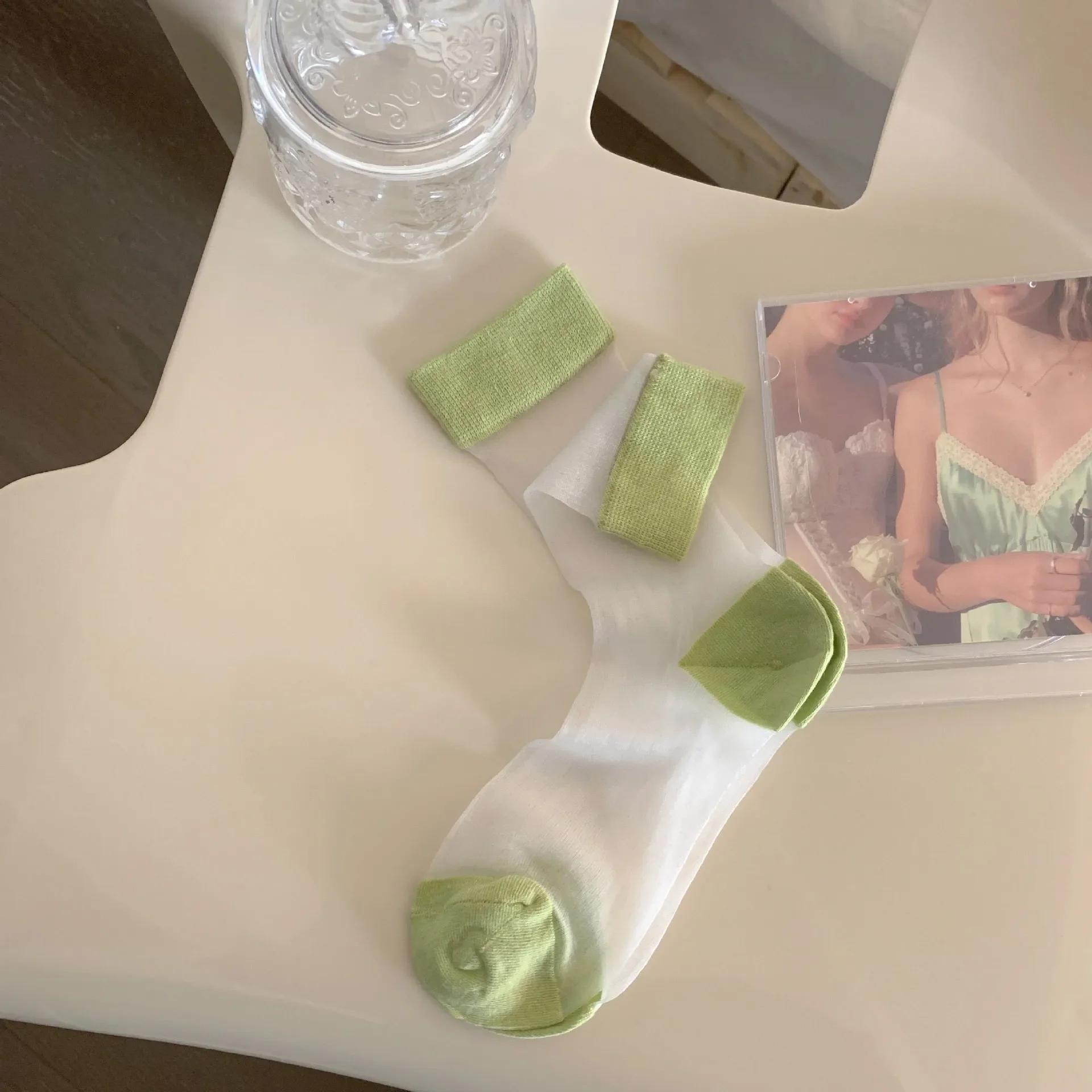 

Шелковые носки с кристаллами, женские летние ультратонкие прозрачные нейлоновые длинные носки, корейские модные повседневные однотонные дышащие женские носки зелёный