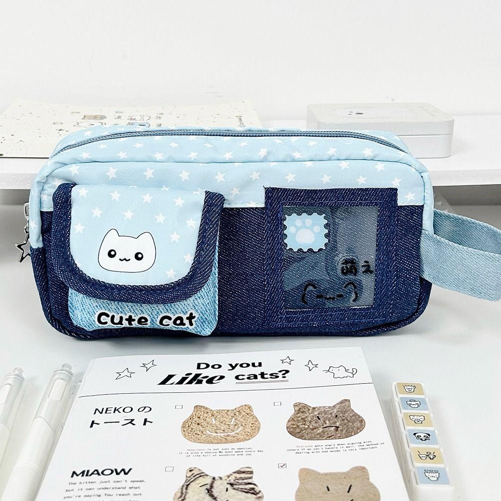 Denim Patchwork Pencil Case Large Capacity Stationery Bag Portable Pen Bag School Office
