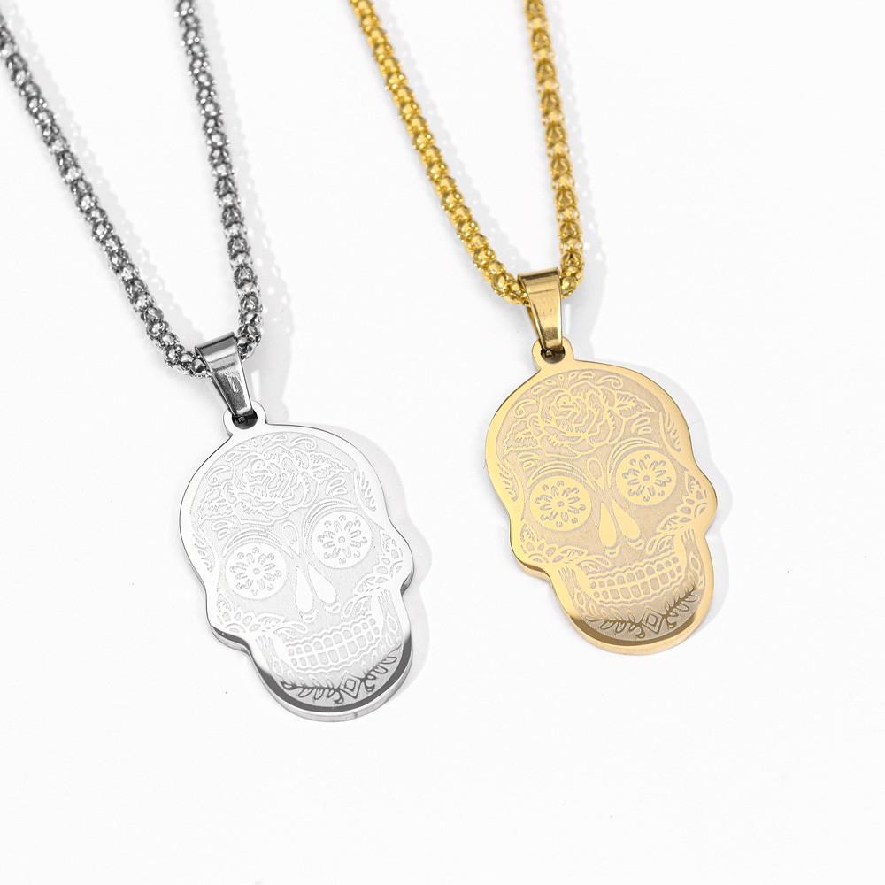 Fashion Pop Stainless Steel Flower Skull Pendant Necklace Skull Pendant Necklace Holiday Gift Accessories