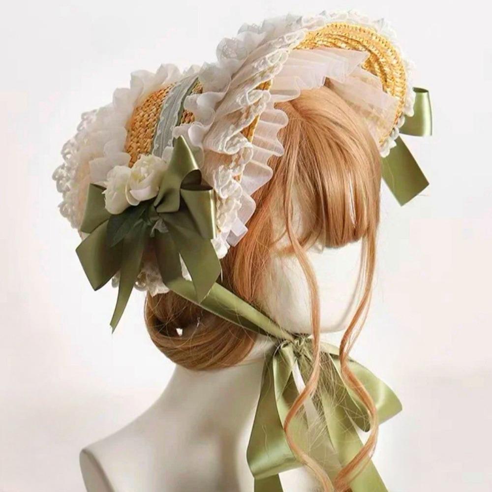 Ruffle Lace Beach Hat Ribbon Bow Flat Top Hat  for Elegant Tea Party Princess Beach Outdoor Travel