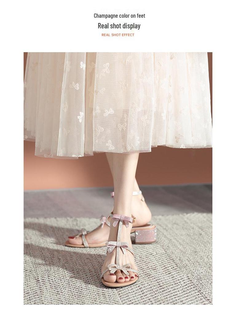 2023 Stylish Rhinestone Bowknot Ankle Strap High Heel Sandals for Women